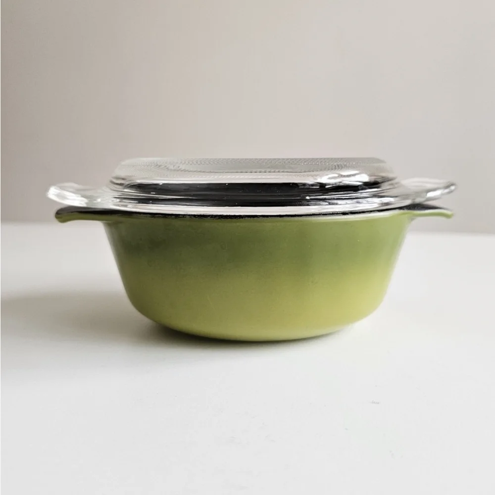 Vintage Anchor Hocking Fire-King 12 oz Olive Green Teflon Ovenware Dish w/ Glass